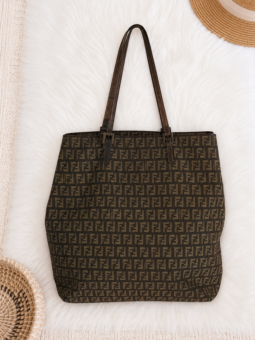 Fendi Zucca Tote Bag Brown FF Monogram Canvas Shoulder Bag Vintage